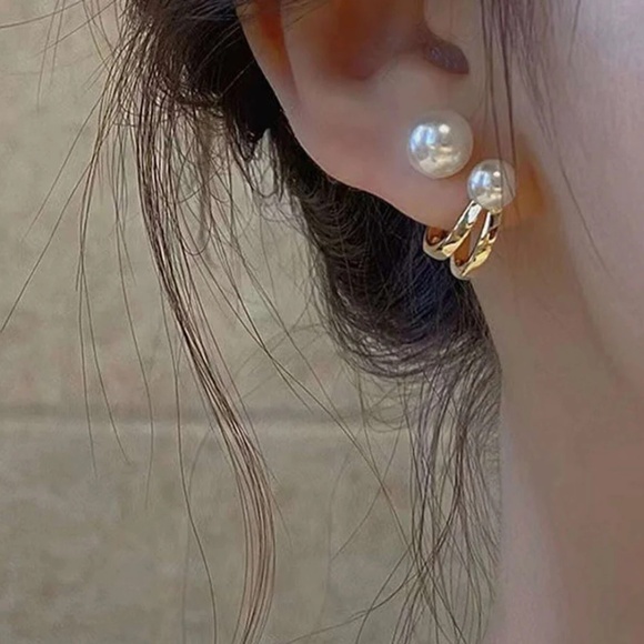 Dainty Double Pearl Earrings, Delicate Earrings, Gold Pearl Earrings,  Piercing - Picture 1 of 4